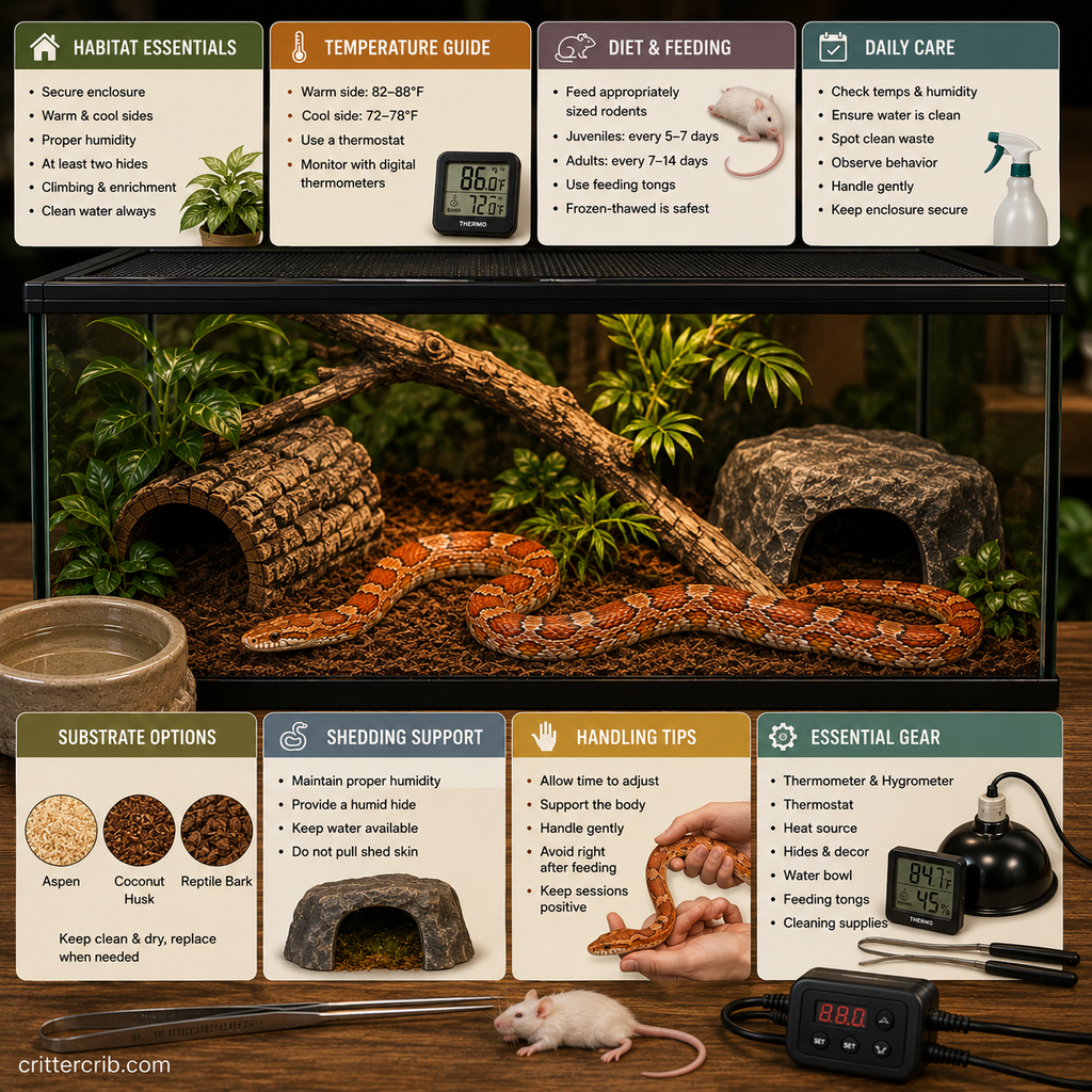 Corn snake care setup showing habitat, temperature, feeding, substrate, shedding, handling, and essential supplies