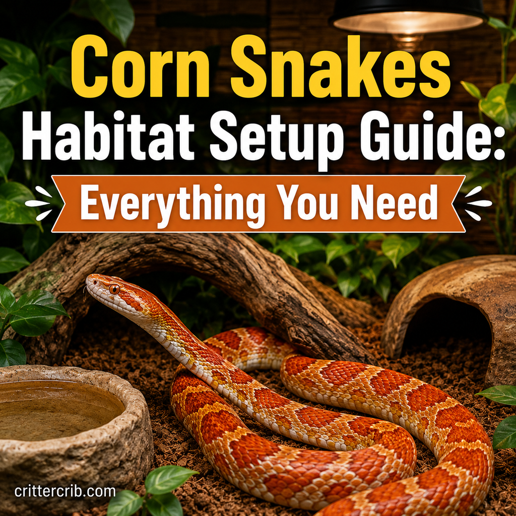 Corn snake in a naturalistic habitat with hides, branches, plants, substrate, and water