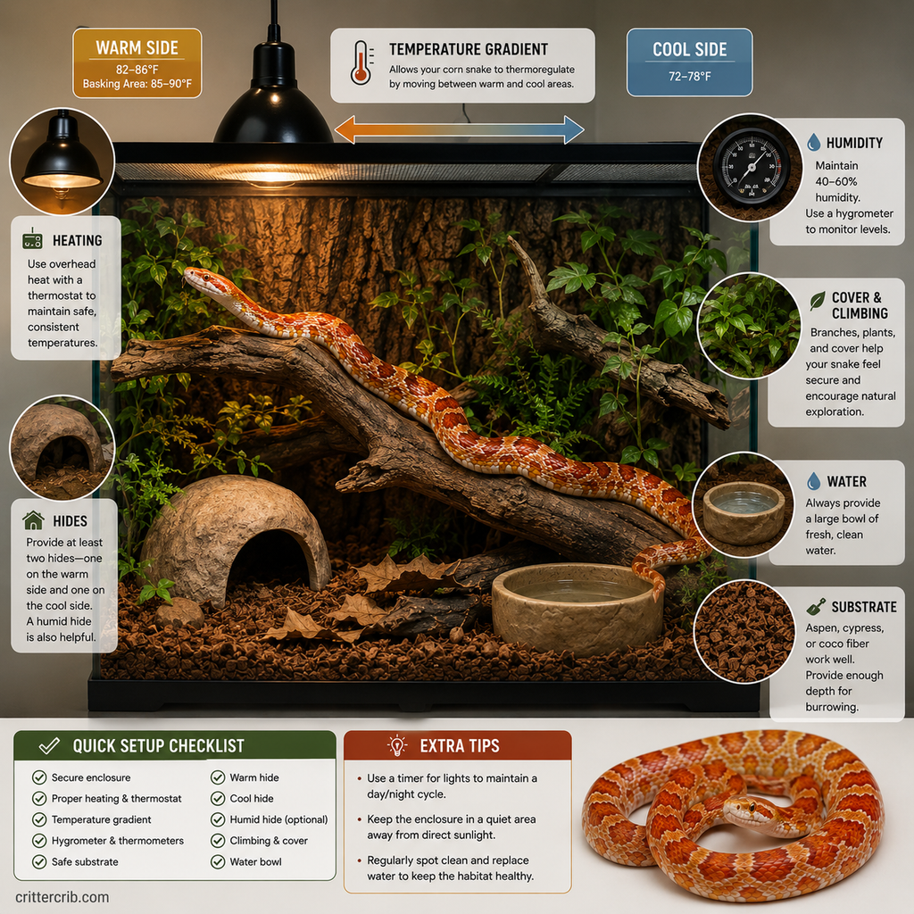 Corn snake habitat setup showing temperature gradient, hides, humidity, substrate, water, branches, and cover