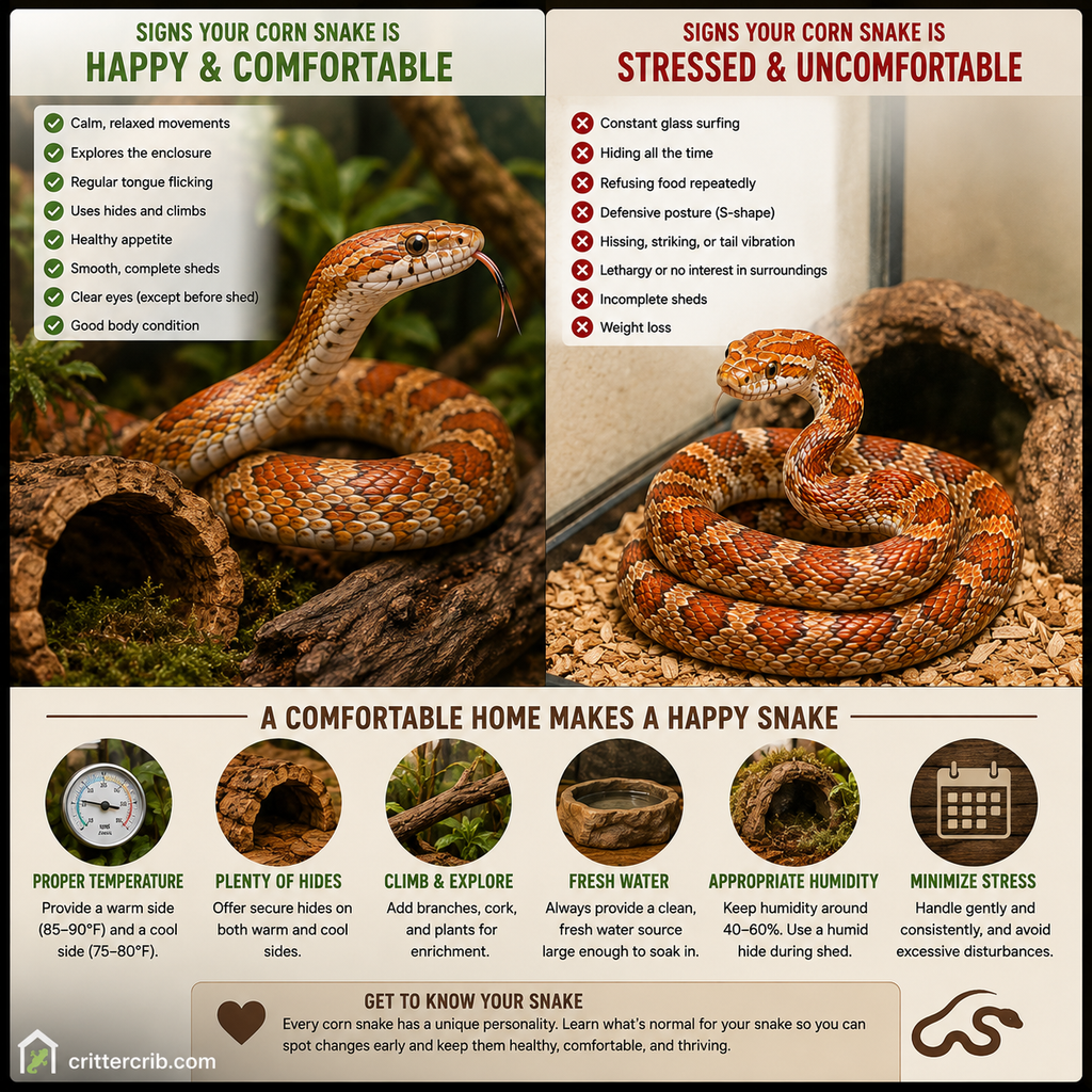 Comparison of happy and stressed corn snake behaviors with signs of a comfortable enclosure
