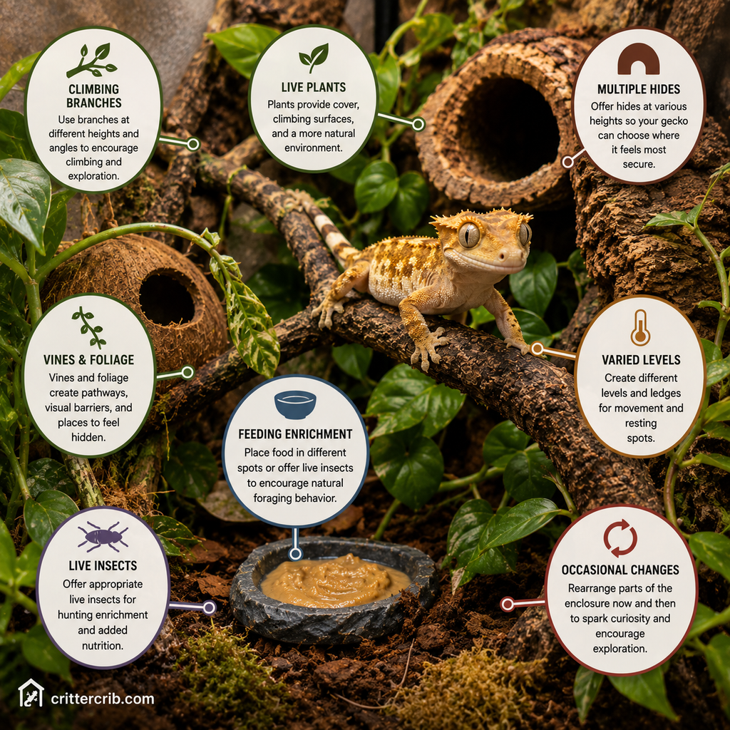 Crested gecko enclosure enrichment with climbing branches, plants, hides, vines, feeding activities, and live insects