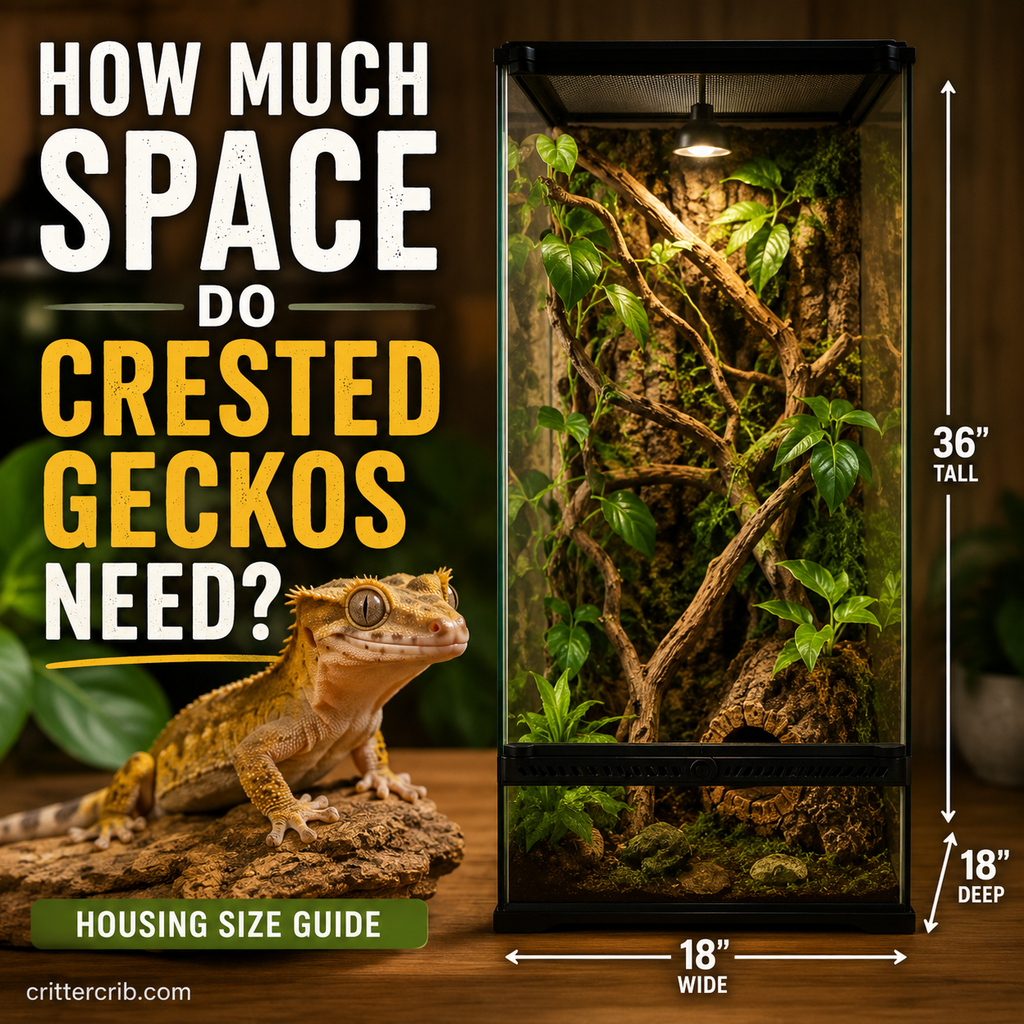 Crested gecko beside a tall 18 x 18 x 36 inch enclosure showing recommended housing size