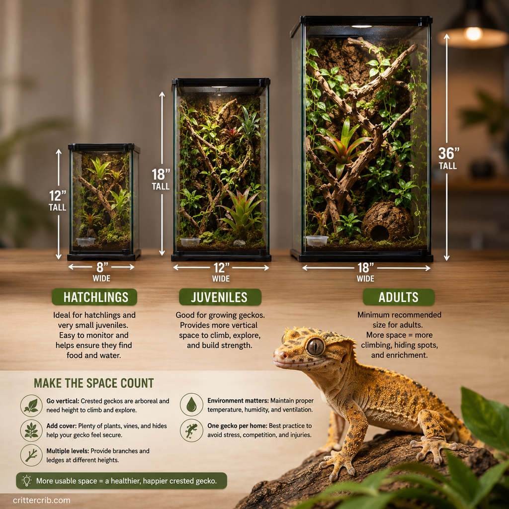 Crested gecko enclosure sizes for hatchlings, juveniles, and adults with vertical climbing space