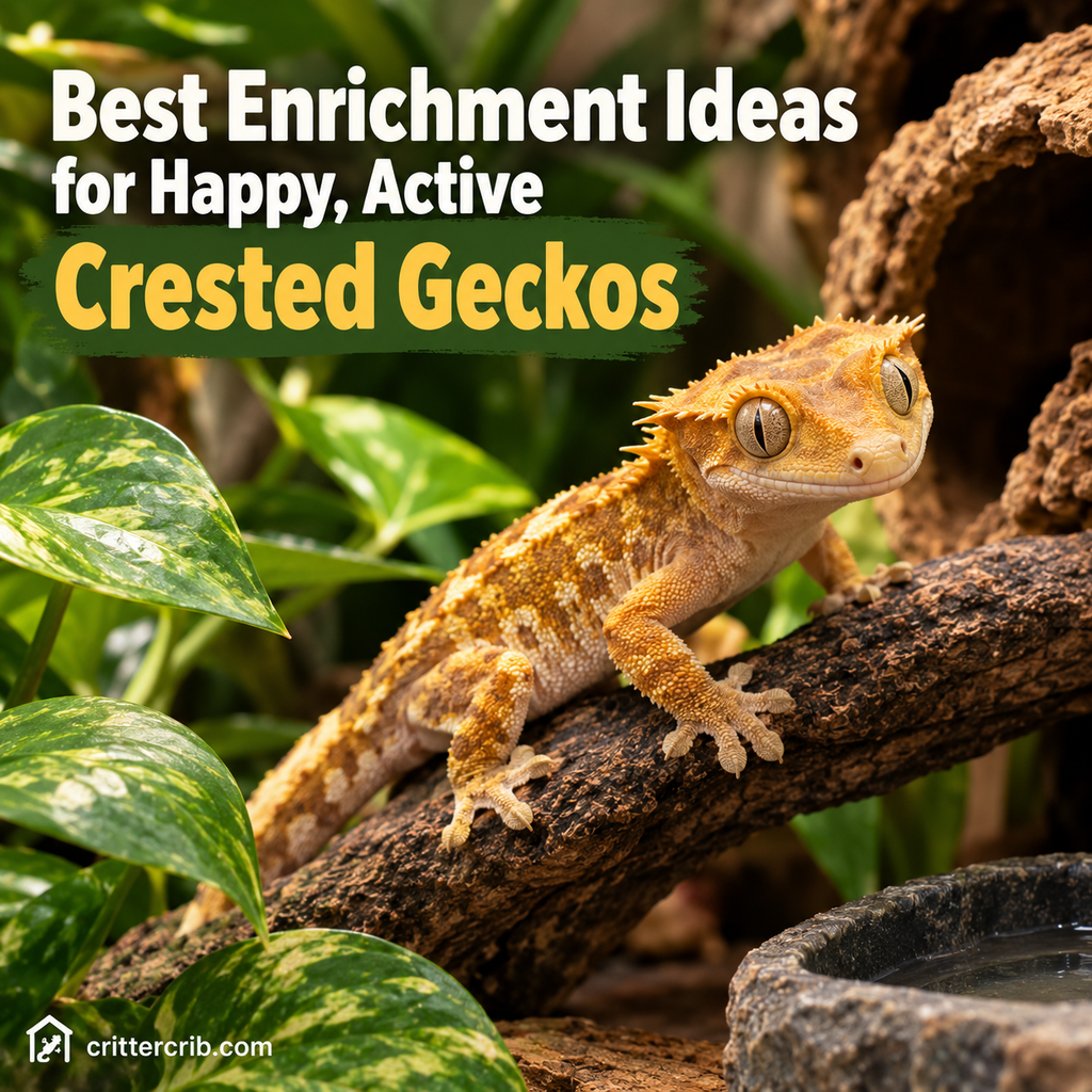 Crested gecko climbing a branch in an enriched enclosure with plants, foliage, and hiding areas