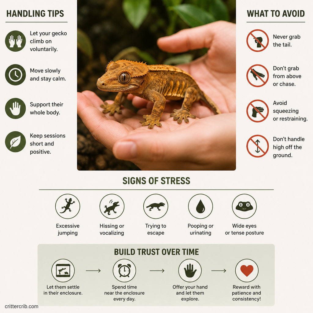 Crested gecko safe handling tips showing proper handling, stress signs, and ways to build trust