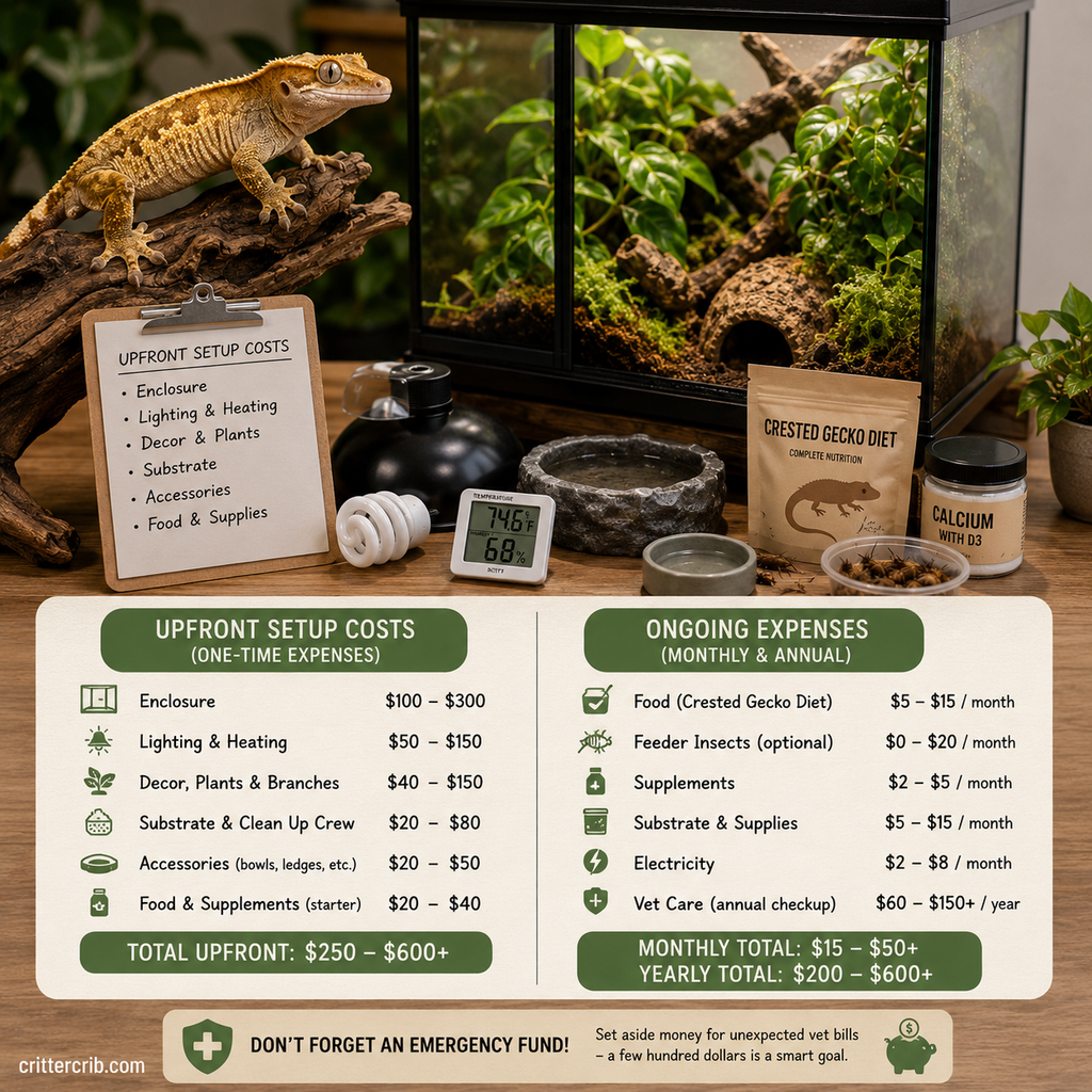 Crested gecko setup and ongoing costs including enclosure, lighting, food, supplies, electricity, and veterinary care