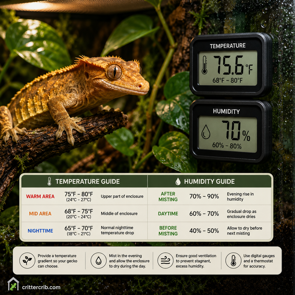 Crested gecko enclosure showing ideal temperature and humidity levels with digital gauges
