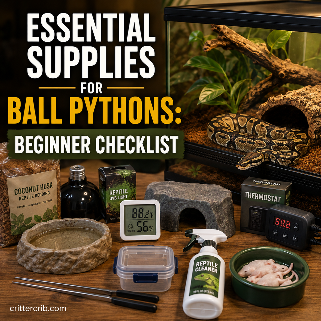 Ball python habitat with essential supplies including hides, substrate, thermostat, thermometer, water bowl, and feeding tongs