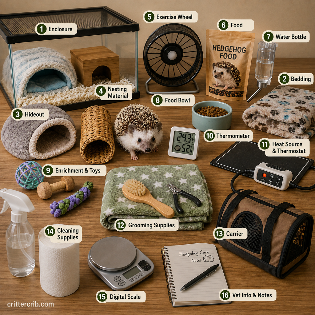 Hedgehog supplies checklist with enclosure, bedding, hideout, wheel, food, water, thermometer, heating, toys, grooming supplies, carrier, and scale