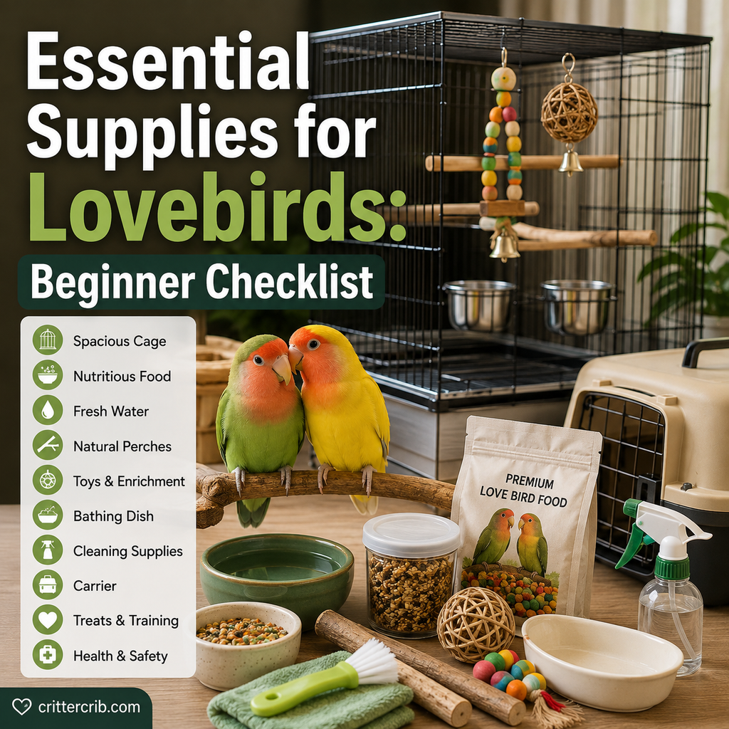 Two lovebirds with a cage, natural perches, food bowls, toys, carrier, and care supplies