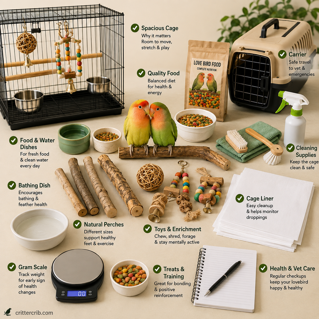 Lovebirds with a cage, food, natural perches, toys, carrier, bathing dish, scale, and cleaning supplies