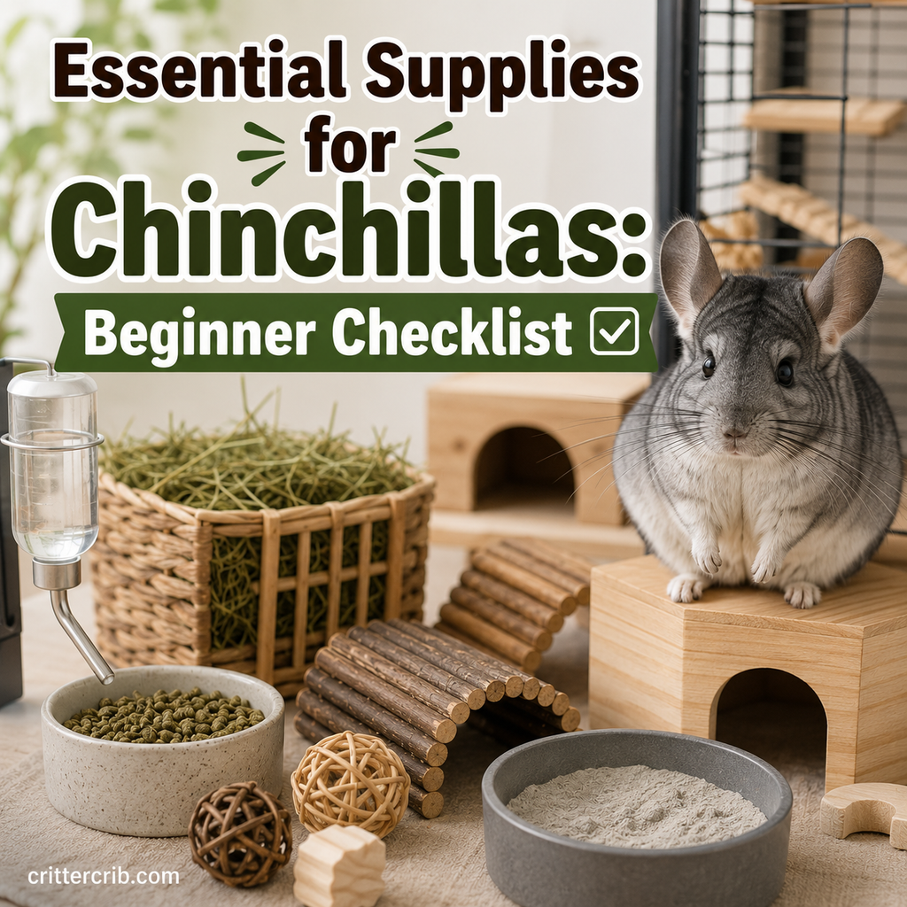 Chinchilla with essential supplies including hay, pellets, water bottle, chew toys, hideout, and dust bath