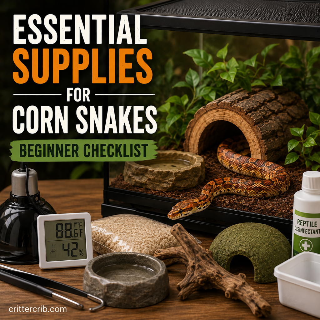 Corn snake with essential enclosure supplies including hides, substrate, heating, water bowl, and monitoring equipment