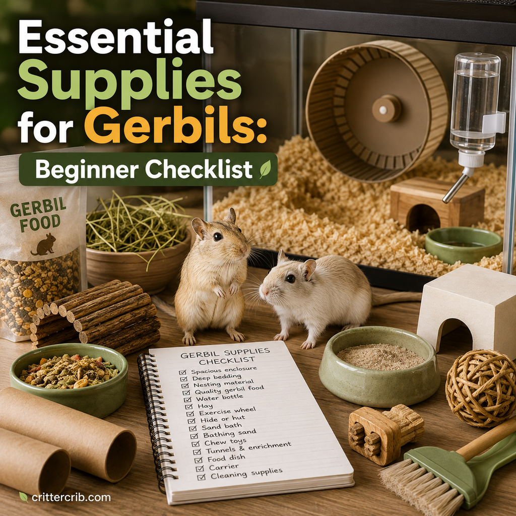 Two gerbils with essential supplies including an enclosure, bedding, food, water bottle, wheel, sand bath, hides, and chew toys.