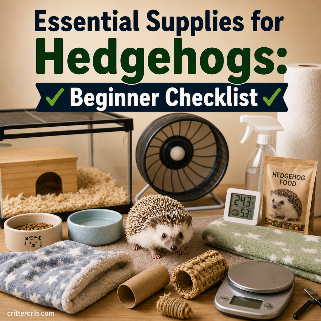 Hedgehog with essential supplies including habitat, exercise wheel, food, water, bedding, thermometer, and grooming tools