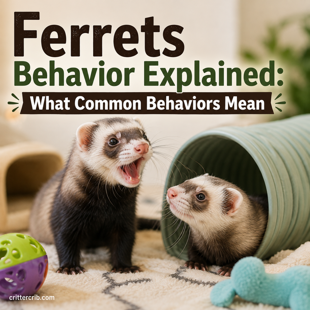 Two playful ferrets near a tunnel and toys showing common ferret behavior