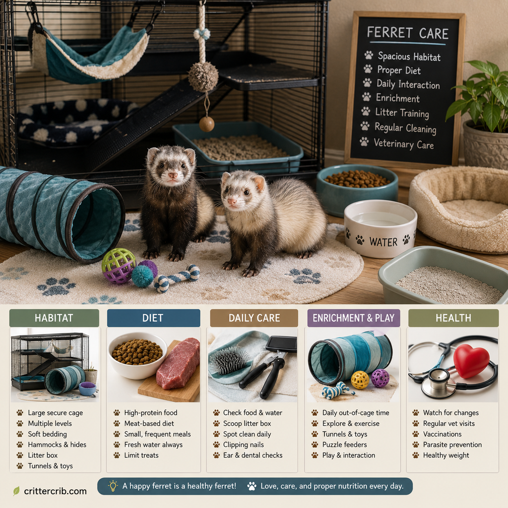 Two ferrets with a spacious habitat, food, water, litter box, tunnels, toys, grooming supplies, and other daily care essentials.