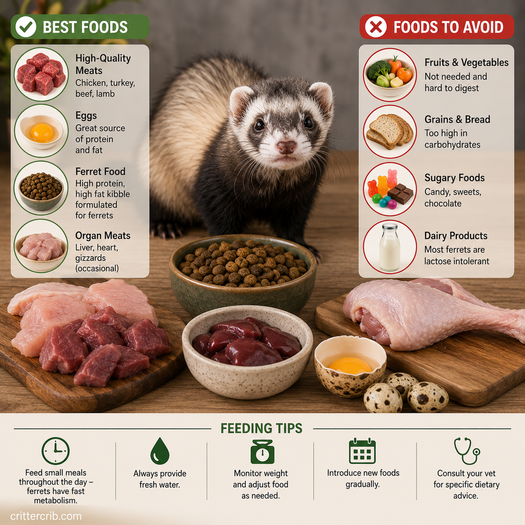 Ferret feeding guide showing meat, eggs, ferret food, and foods to avoid