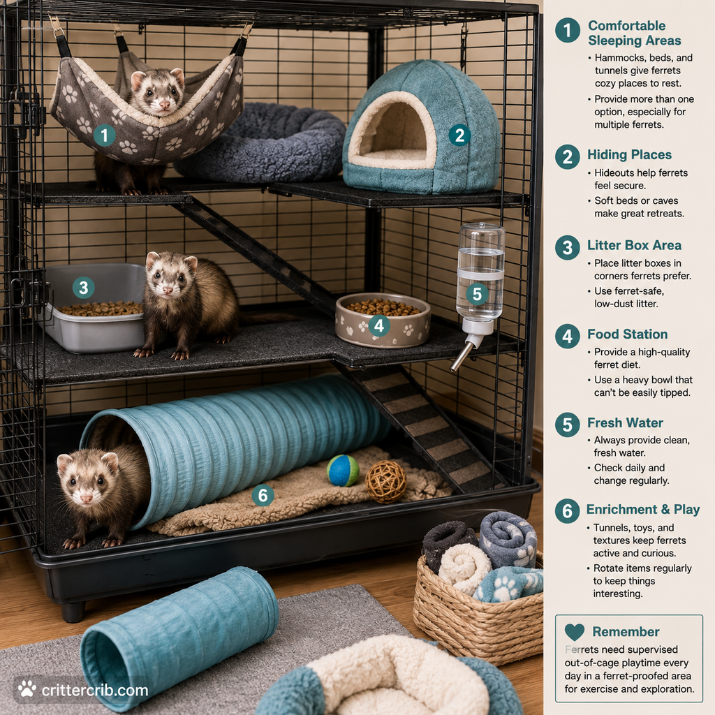 Ferret habitat with hammocks, hiding places, litter box, food, fresh water, tunnels, and enrichment