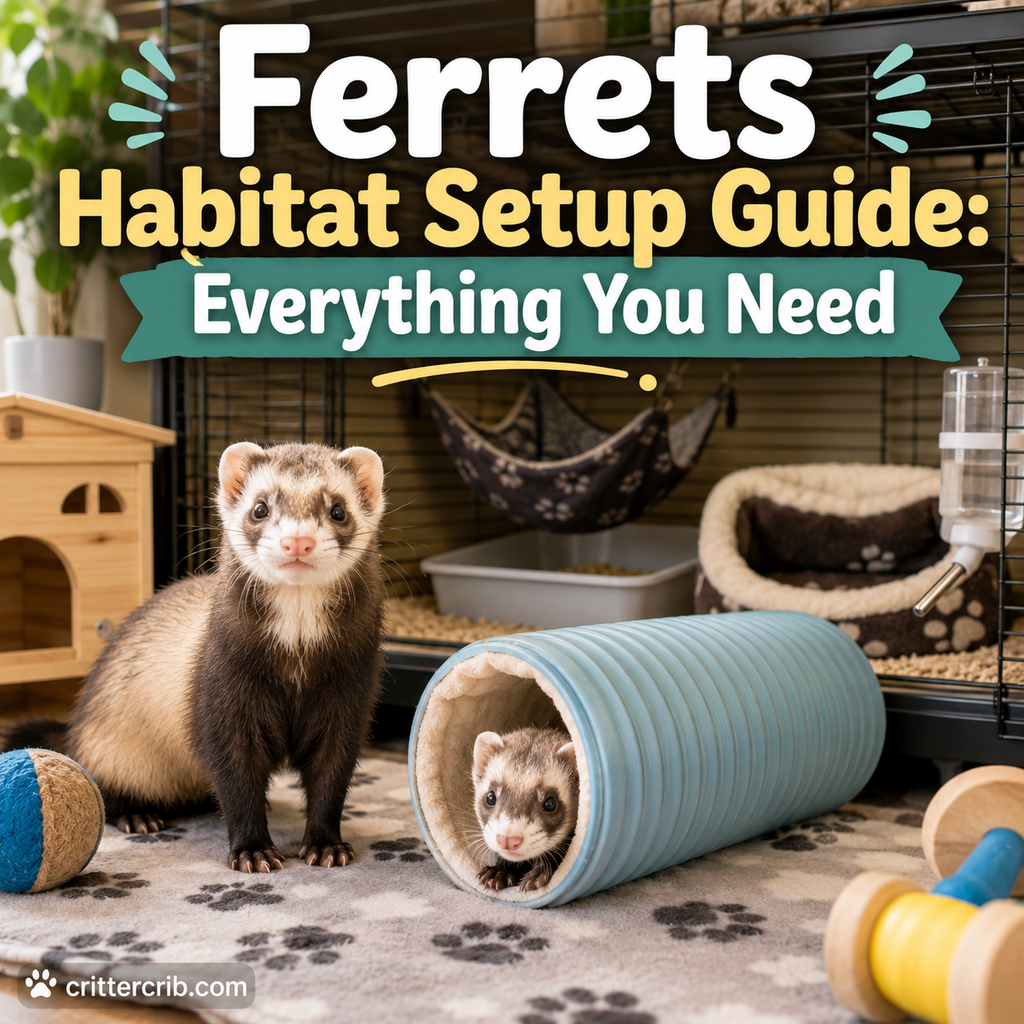 Two ferrets in a complete habitat with tunnels, bedding, sleeping areas, water, litter box, and enrichment