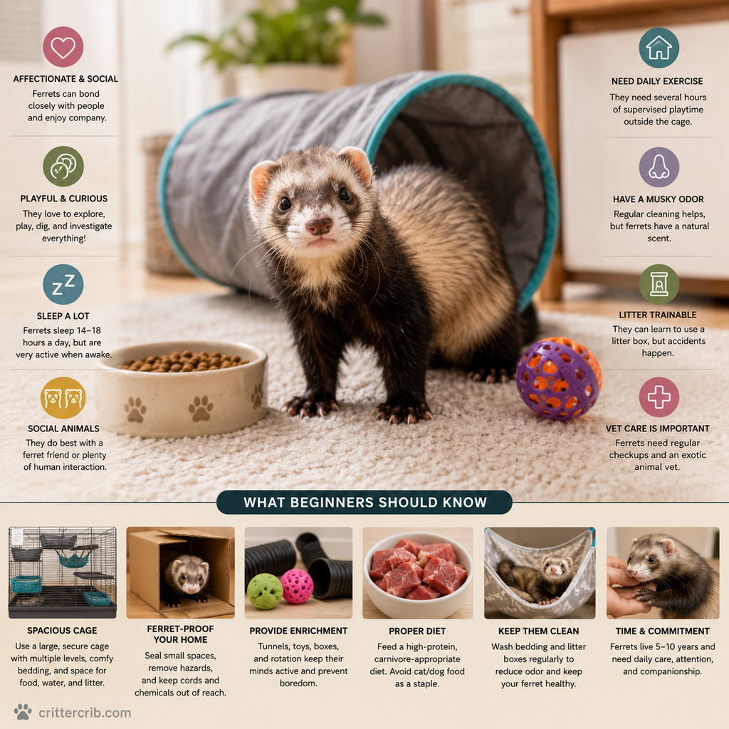 Ferret care guide showing exercise, enrichment, housing, diet, litter training, and other needs for beginner owners
