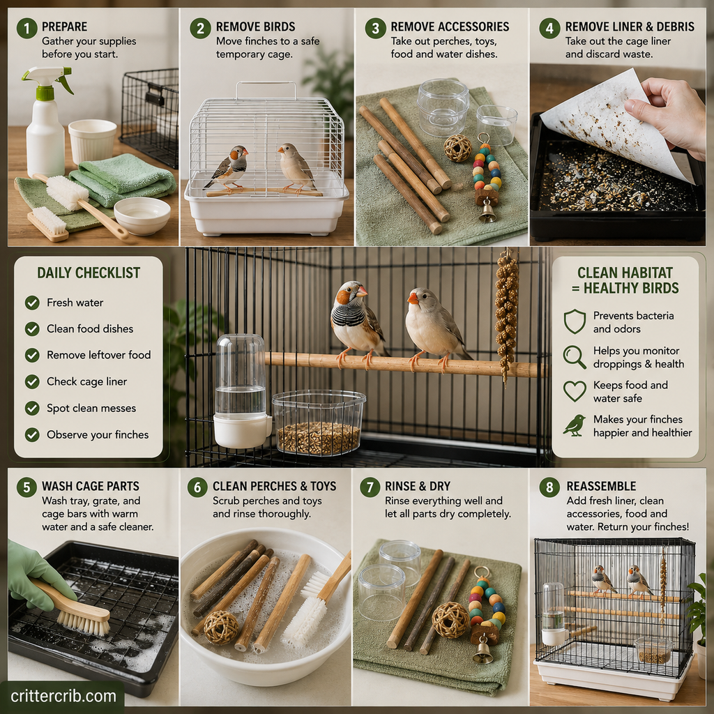 Step-by-step finch cage cleaning routine with cage liner, perches, toys, food and water dishes