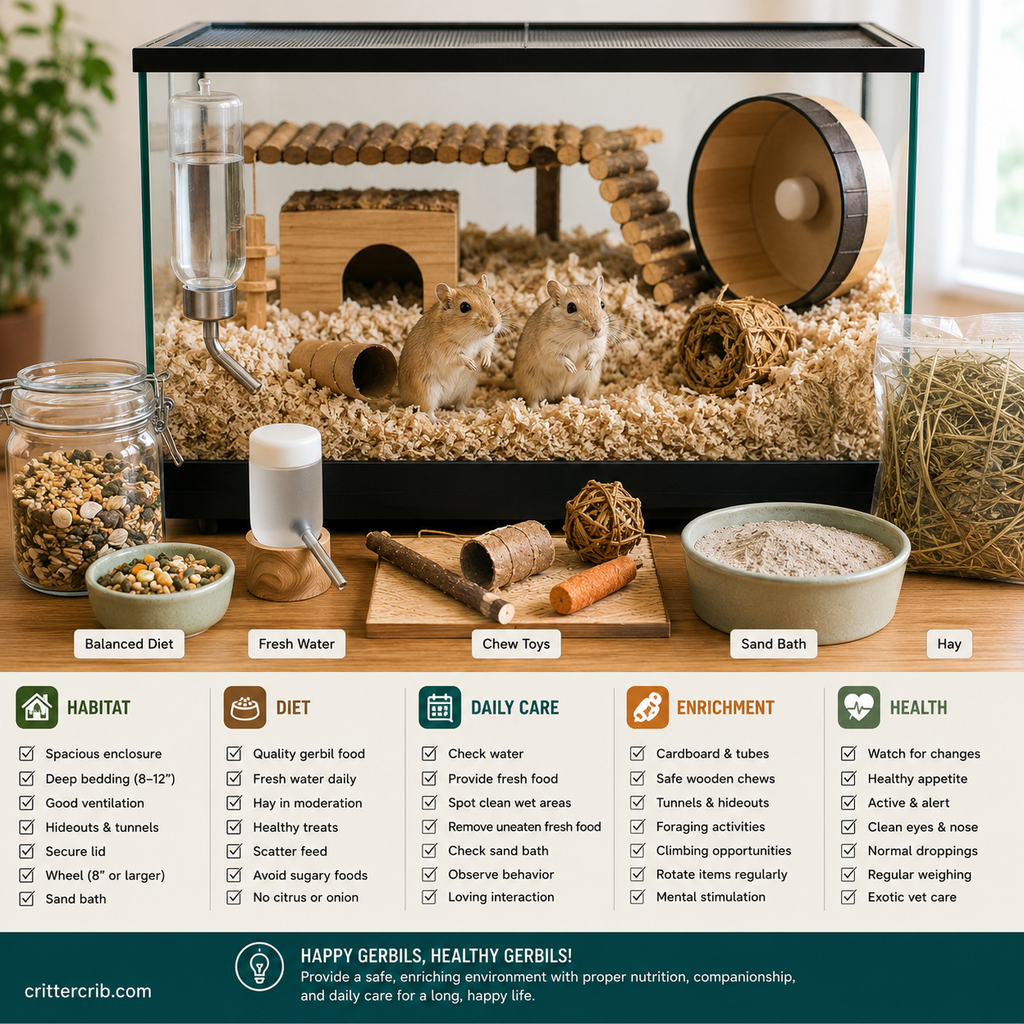 Gerbil care setup with deep bedding, food, fresh water, exercise wheel, sand bath, chew toys, tunnels, and enrichment