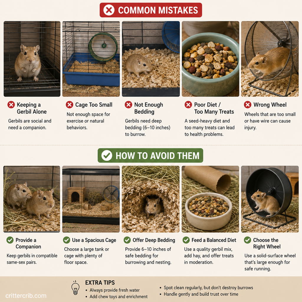 Gerbil care mistakes compared with proper housing, deep bedding, diet, companionship, and exercise