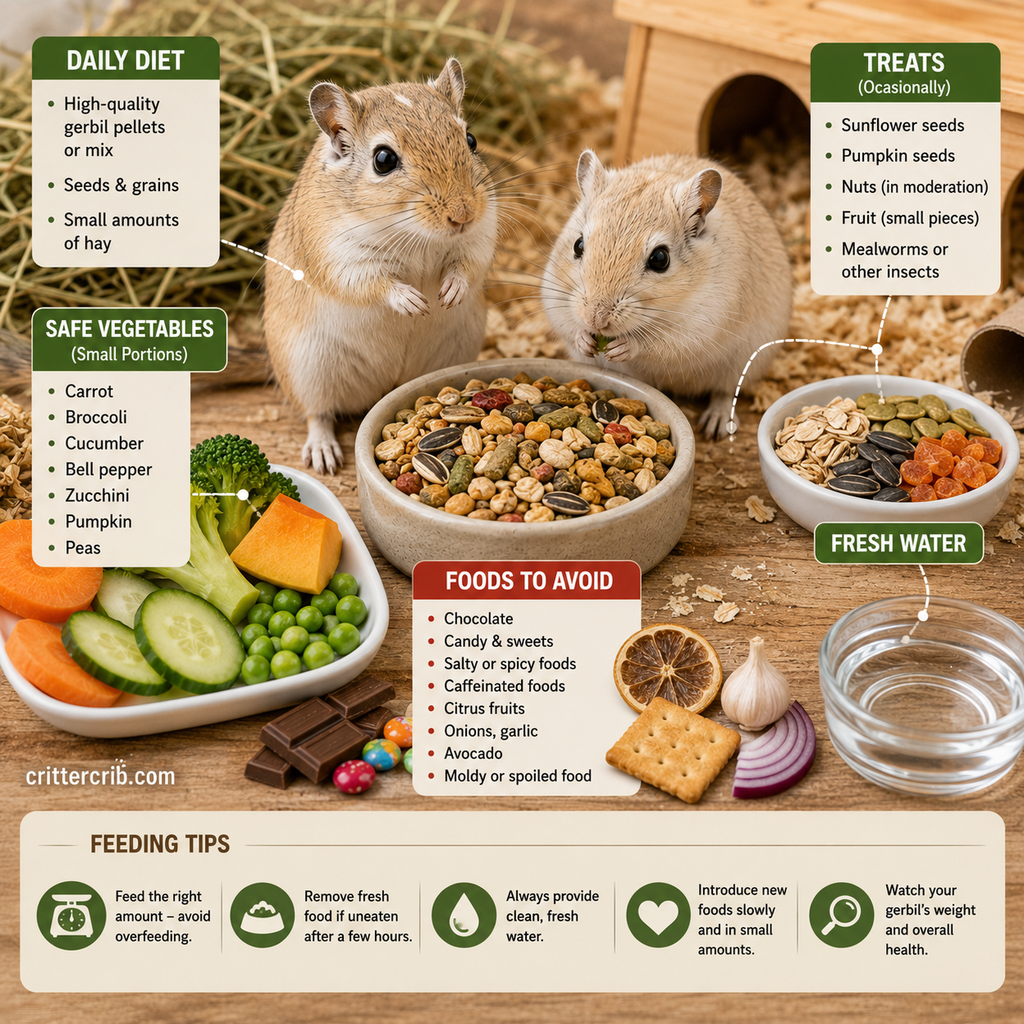 Gerbils with pellets, seeds, vegetables, treats, and fresh water illustrating a balanced gerbil diet.