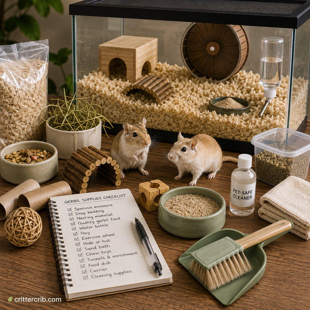 Two gerbils with essential habitat supplies including deep bedding, food, hay, water, wheel, sand bath, hides, tunnels, and chew toys.