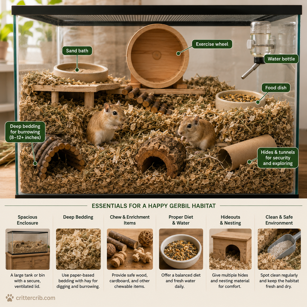 Gerbil habitat setup with deep bedding, exercise wheel, sand bath, hides, food, water, and enrichment