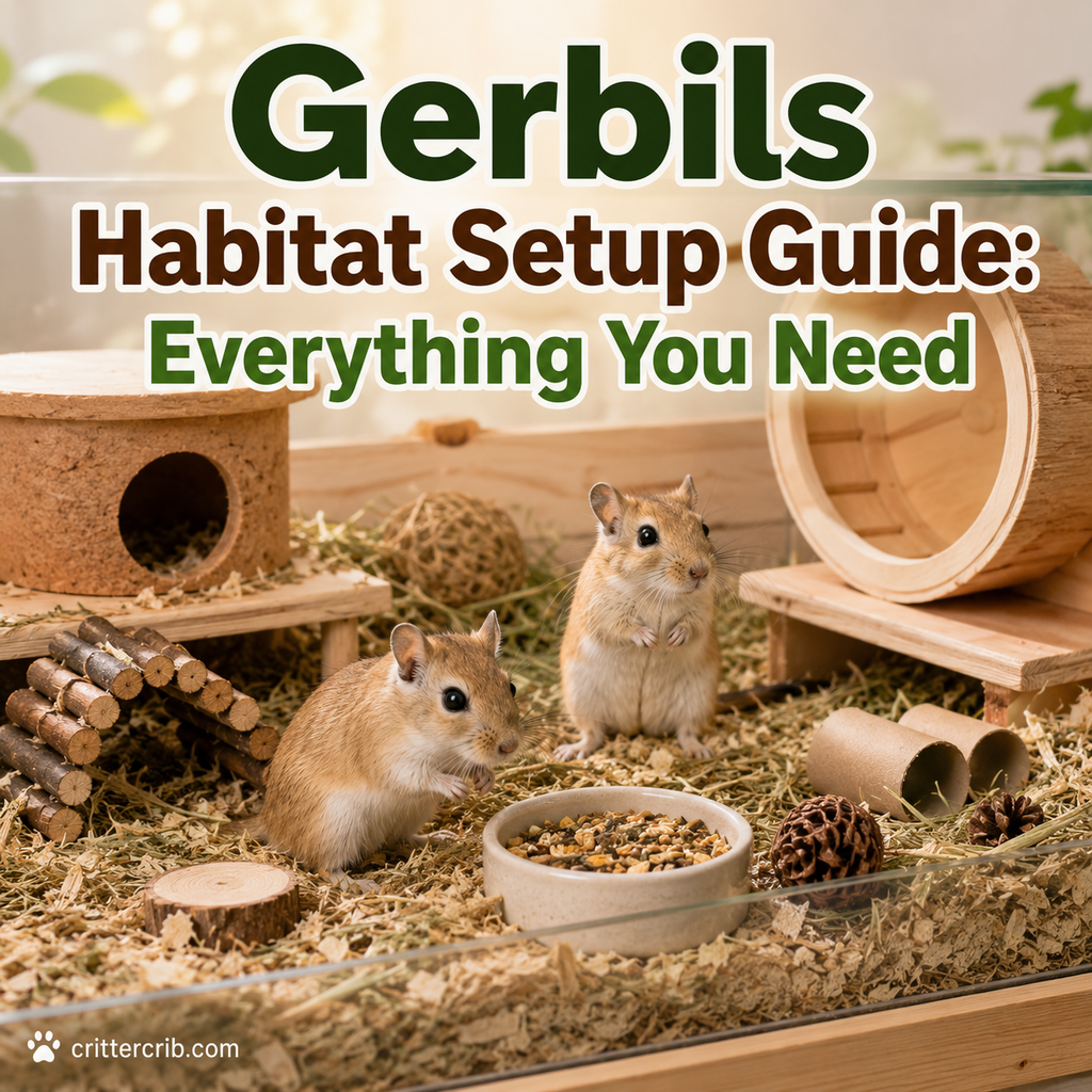 Two gerbils in a spacious habitat with deep bedding, wooden hides, an exercise wheel, food, and enrichment