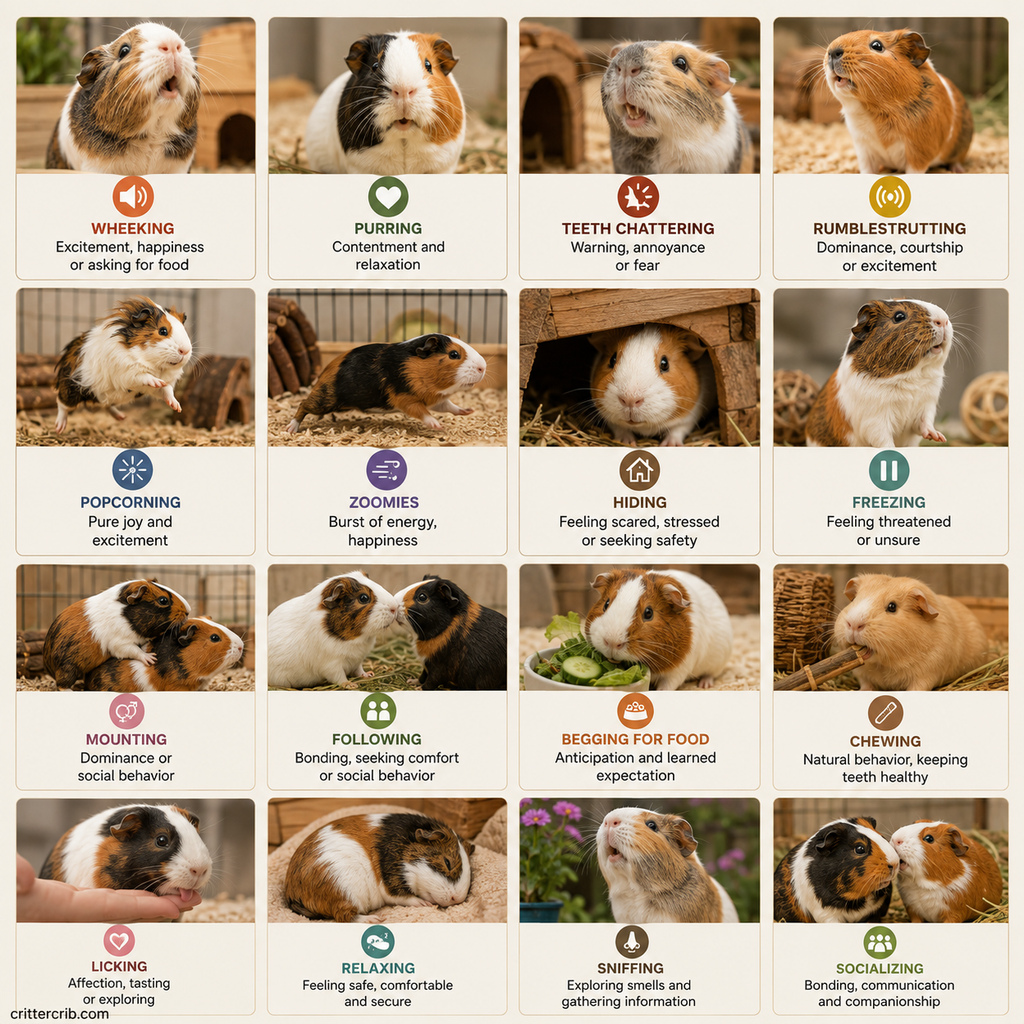 Common guinea pig behaviors including wheeking, popcorning, hiding, rumblestrutting, chewing, and socializing.