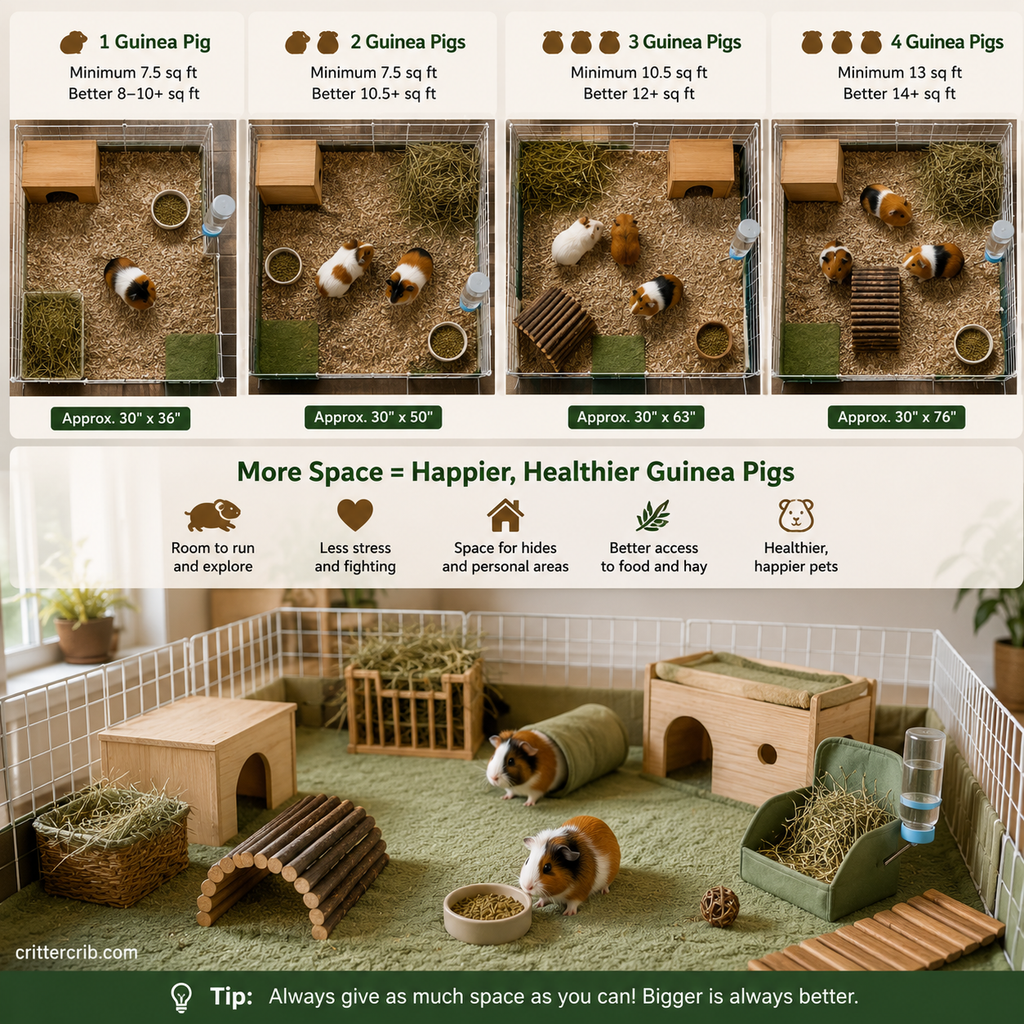 Guinea pig cage size guide showing recommended enclosure space for one, two, three, and four guinea pigs