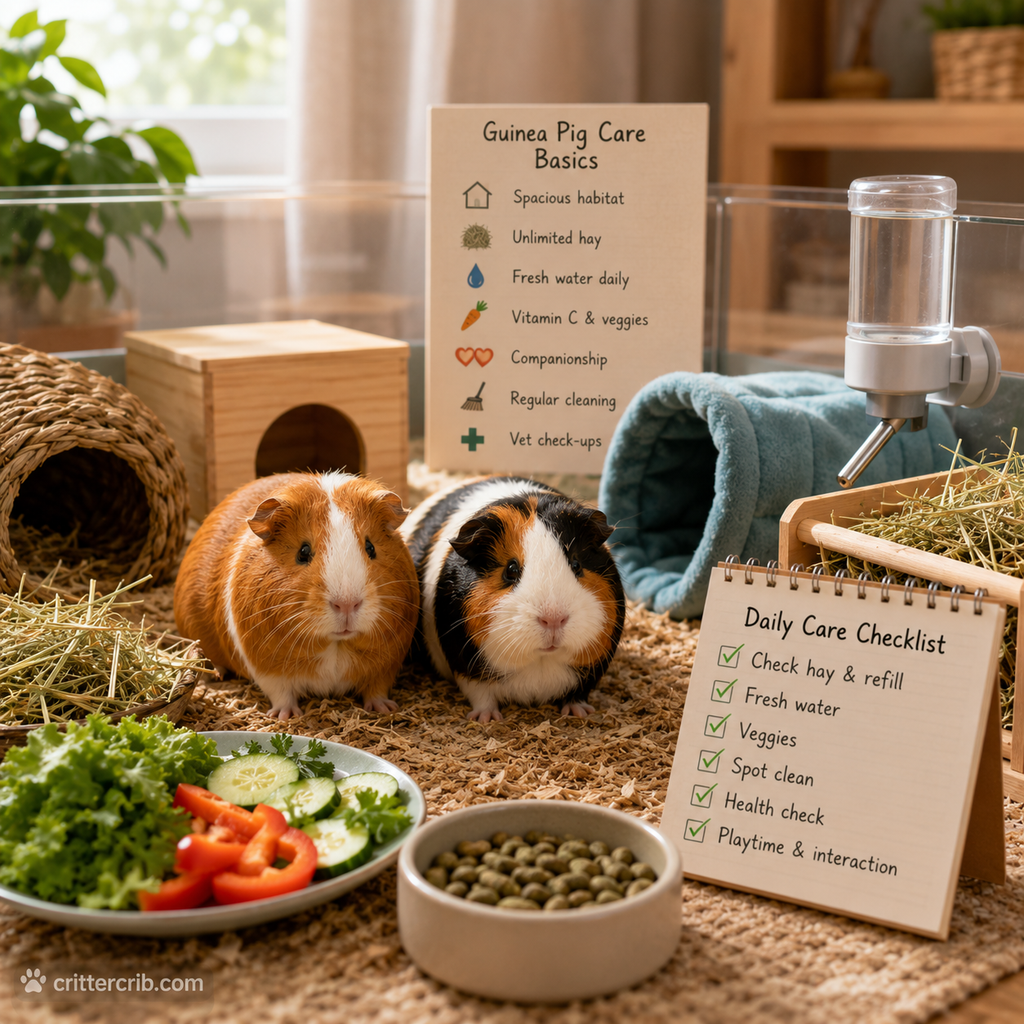 Two guinea pigs in a spacious habitat with hay, fresh vegetables, water, hiding places, and daily care essentials