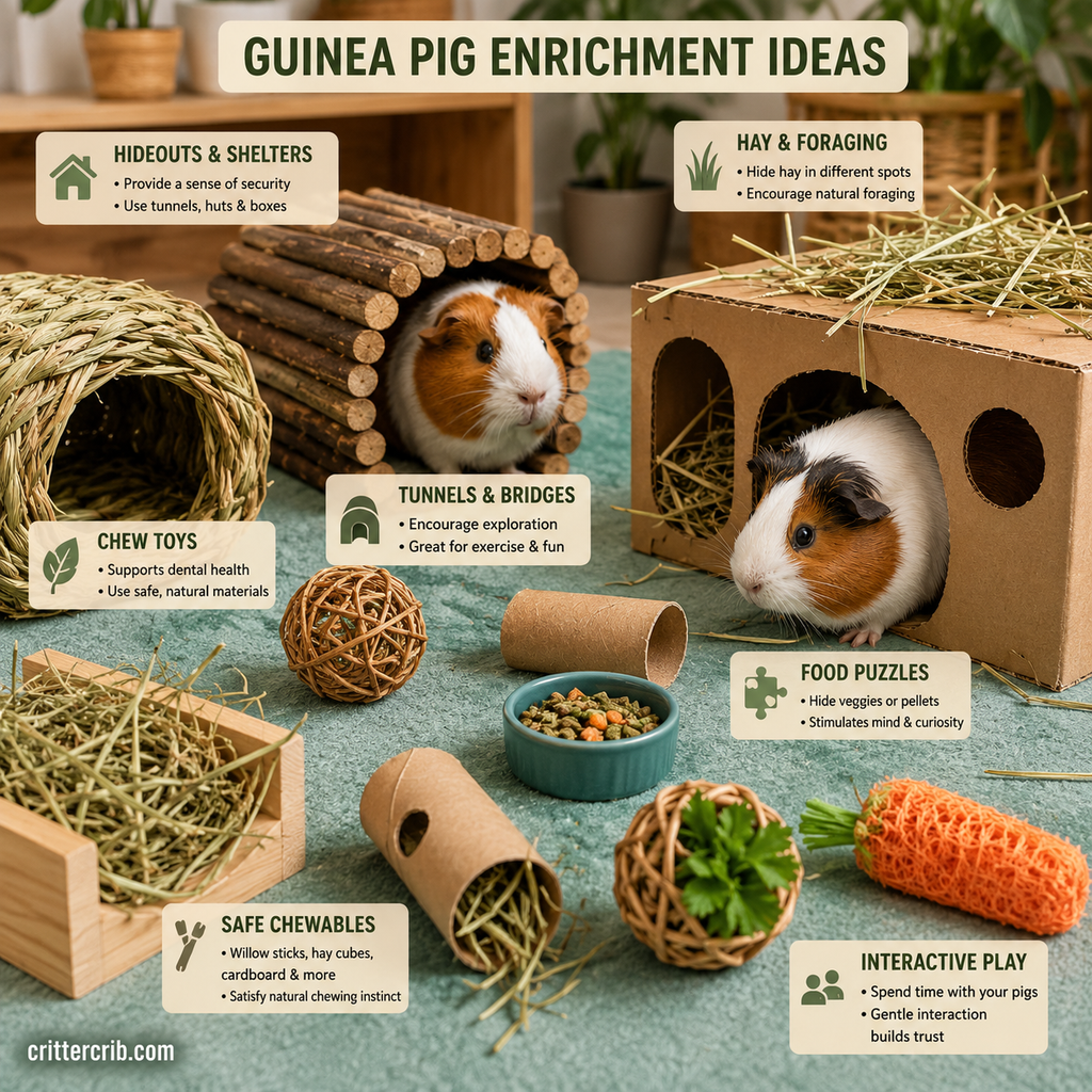 Guinea pigs exploring tunnels, hideouts, hay, chew toys, and foraging activities for enrichment.