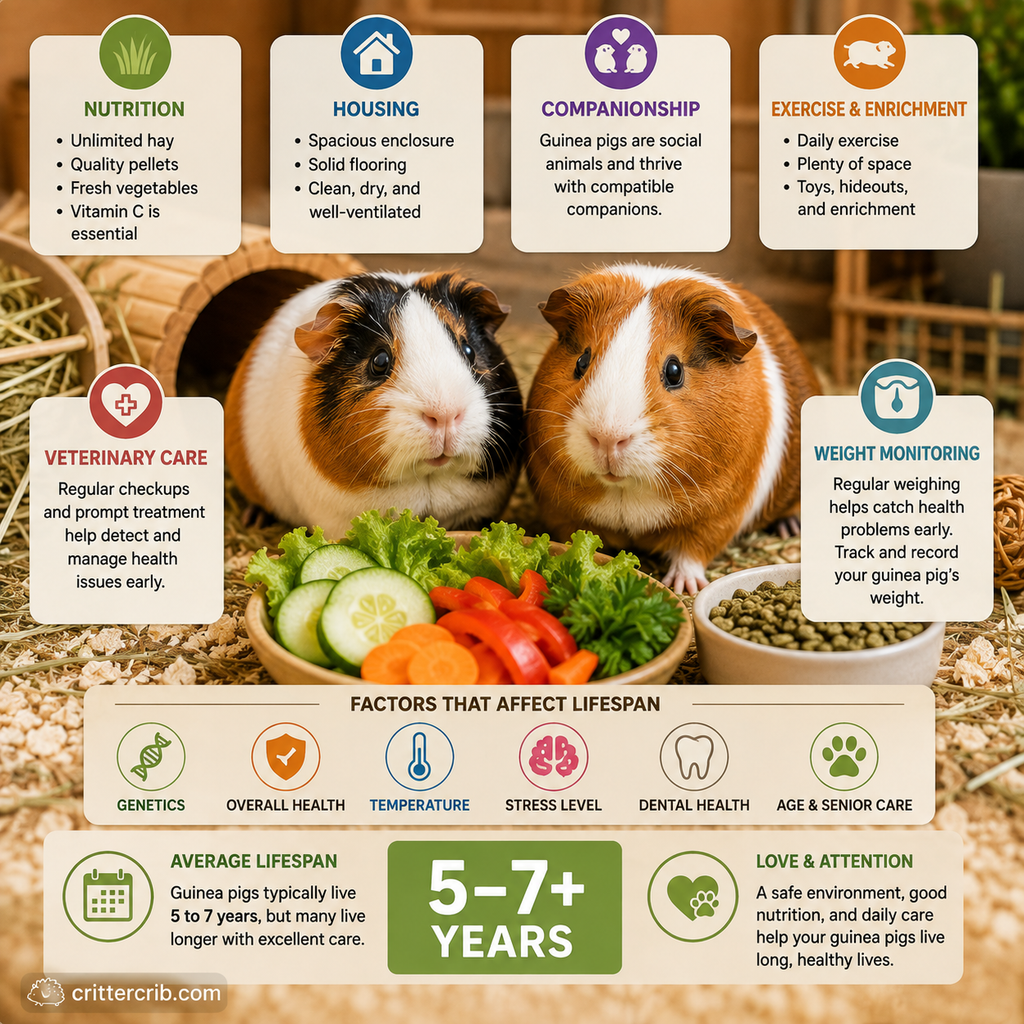 Guinea pig lifespan and care factors including nutrition, housing, companionship, exercise, veterinary care, and weight monitoring