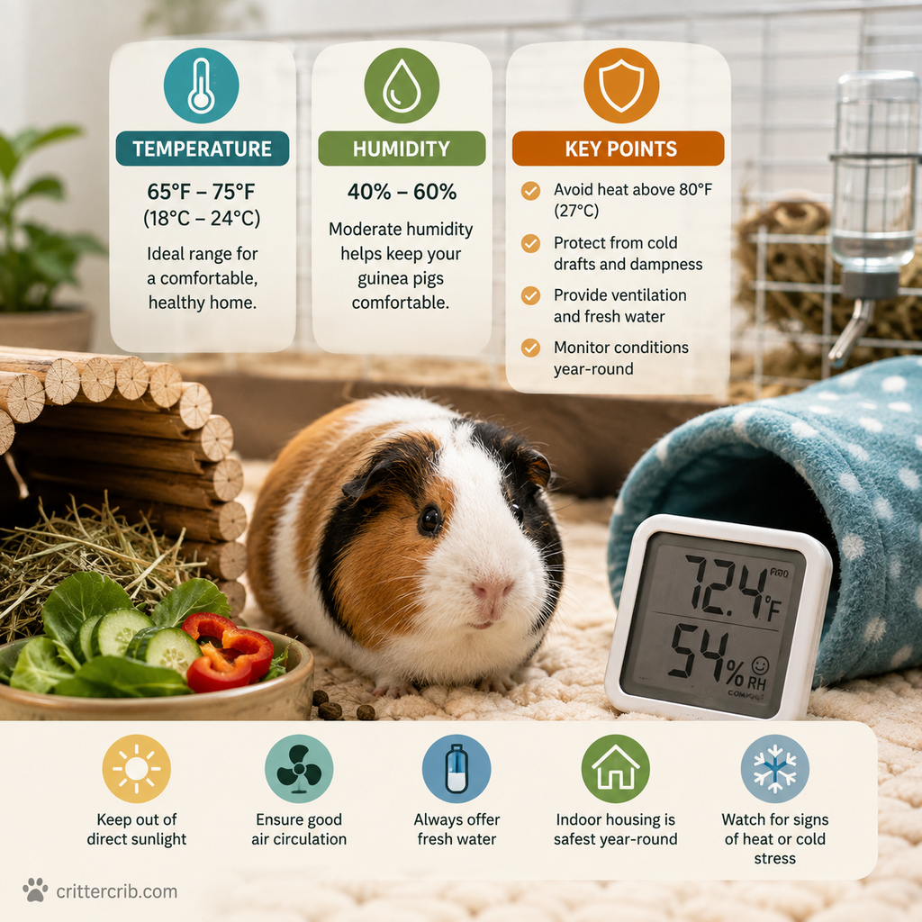 Guinea pig in an indoor habitat with a thermometer showing ideal temperature and humidity conditions