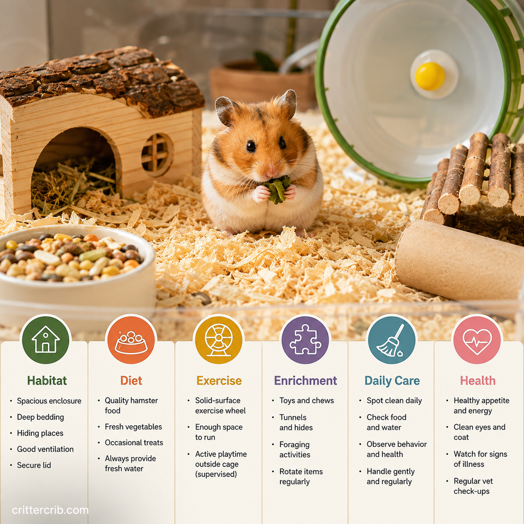 Hamster care overview showing proper habitat, diet, exercise, enrichment, daily care, and health needs.