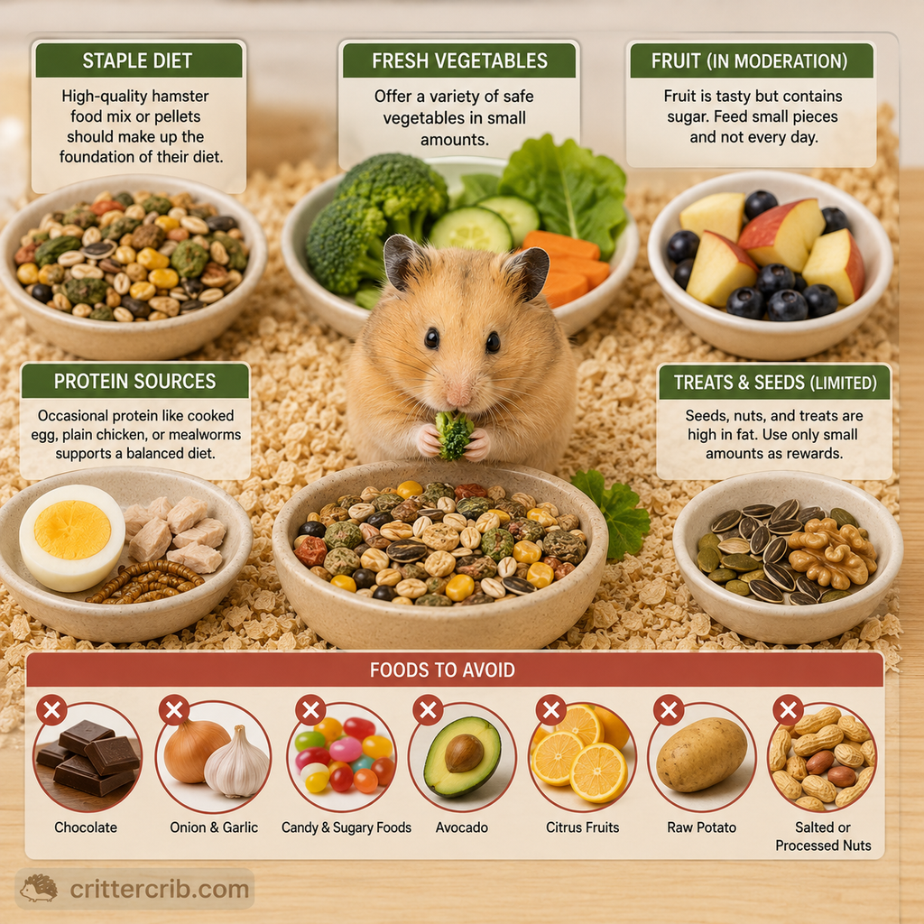Hamster feeding guide showing staple food, fresh vegetables, fruit, protein, treats, and foods to avoid