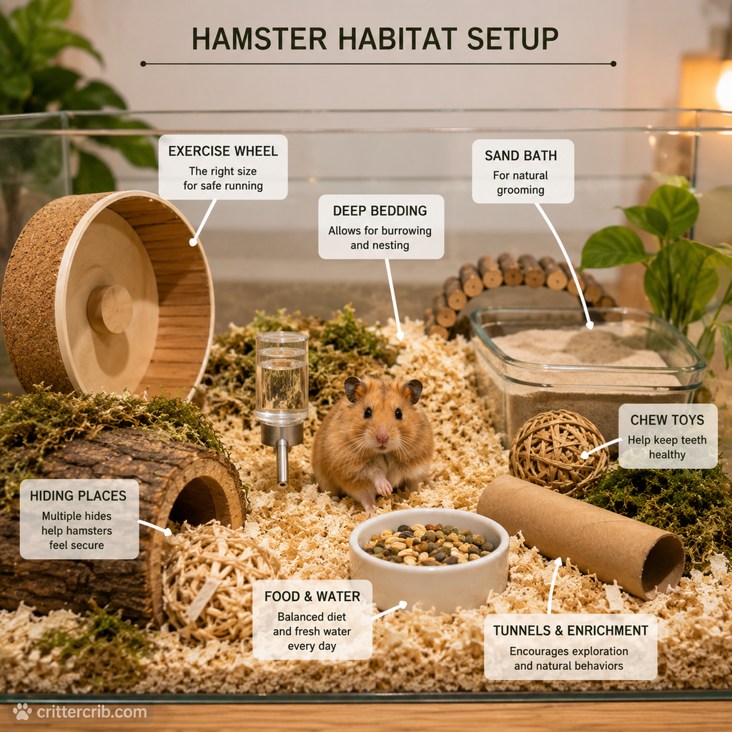 Hamster habitat setup with deep bedding, exercise wheel, hiding places, sand bath, food, water, chew toys, and tunnels