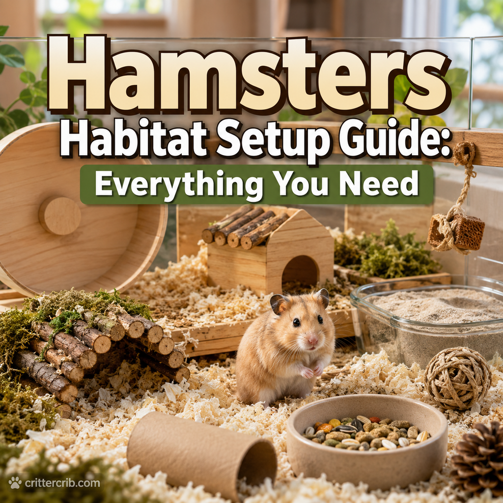 Hamster in a complete habitat with bedding, exercise wheel, hide, sand bath, food bowl, and enrichment
