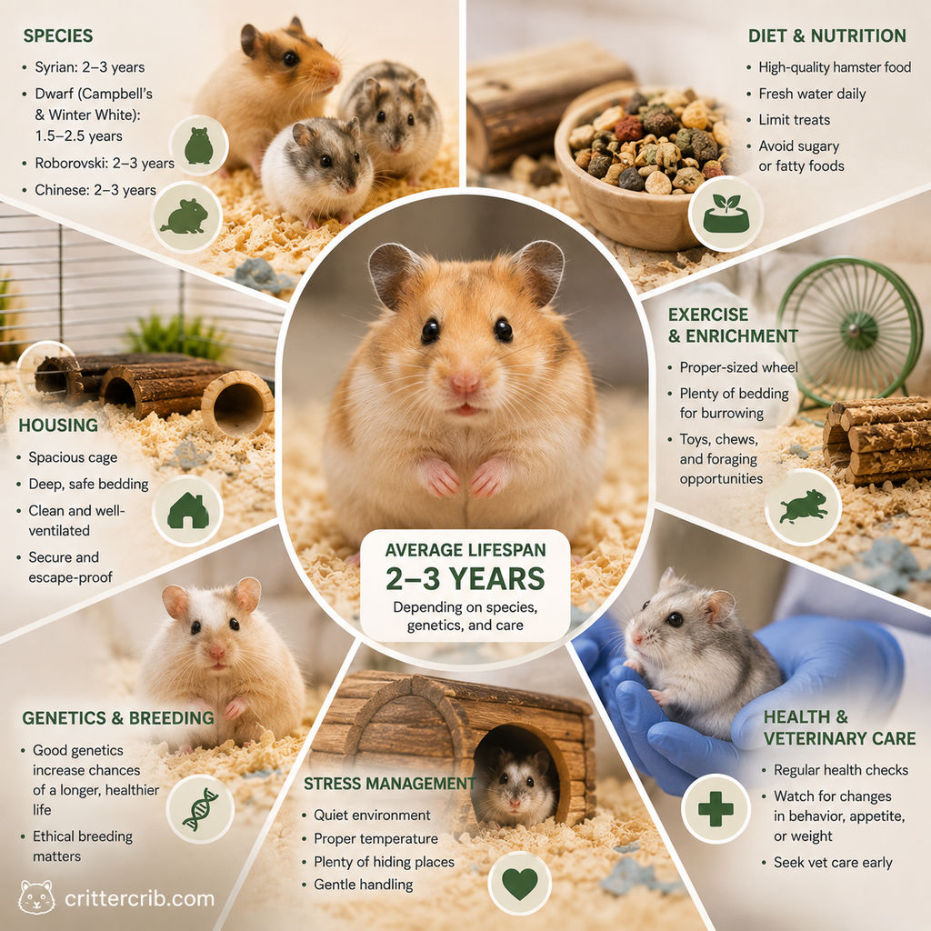Hamster lifespan guide showing how species, diet, housing, exercise, genetics, stress, and veterinary care affect longevity