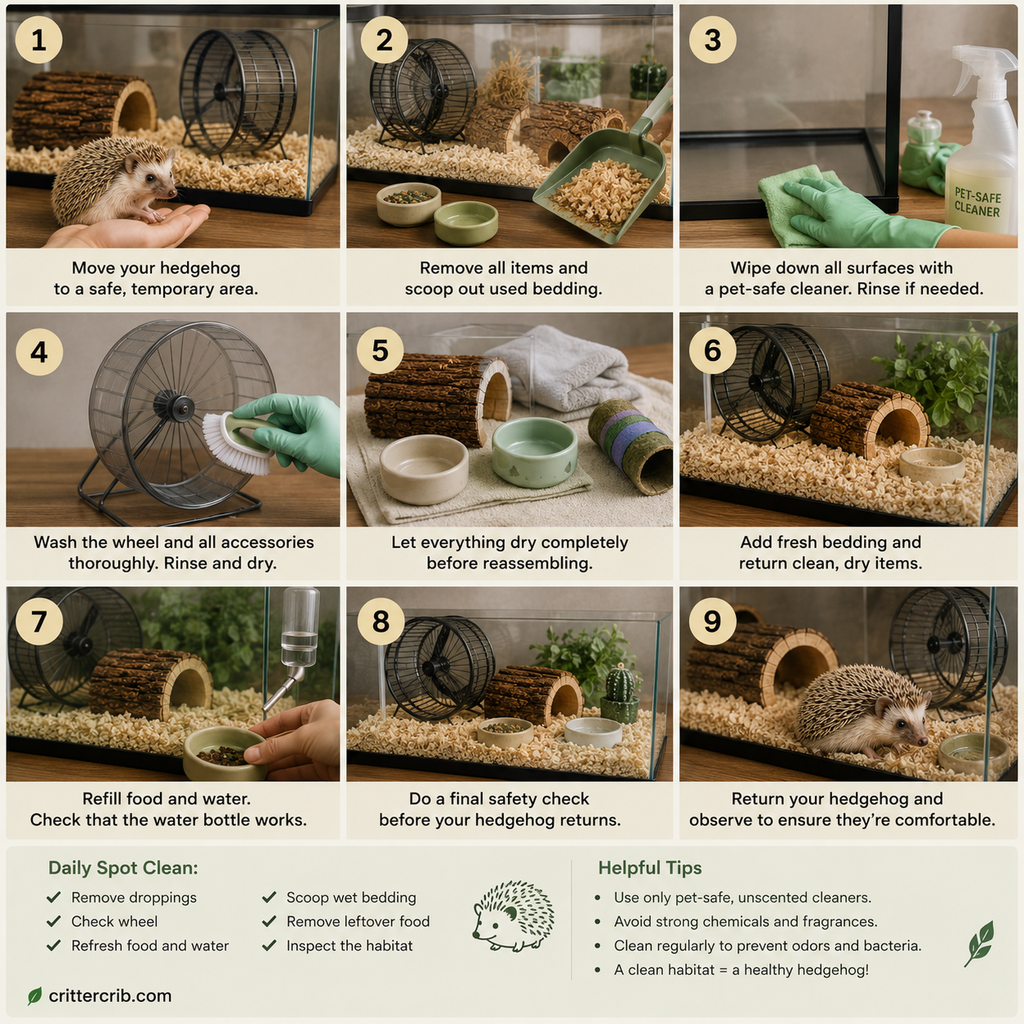 Step-by-step hedgehog habitat cleaning routine showing bedding removal, surface cleaning, wheel washing, fresh bedding, food, and water.