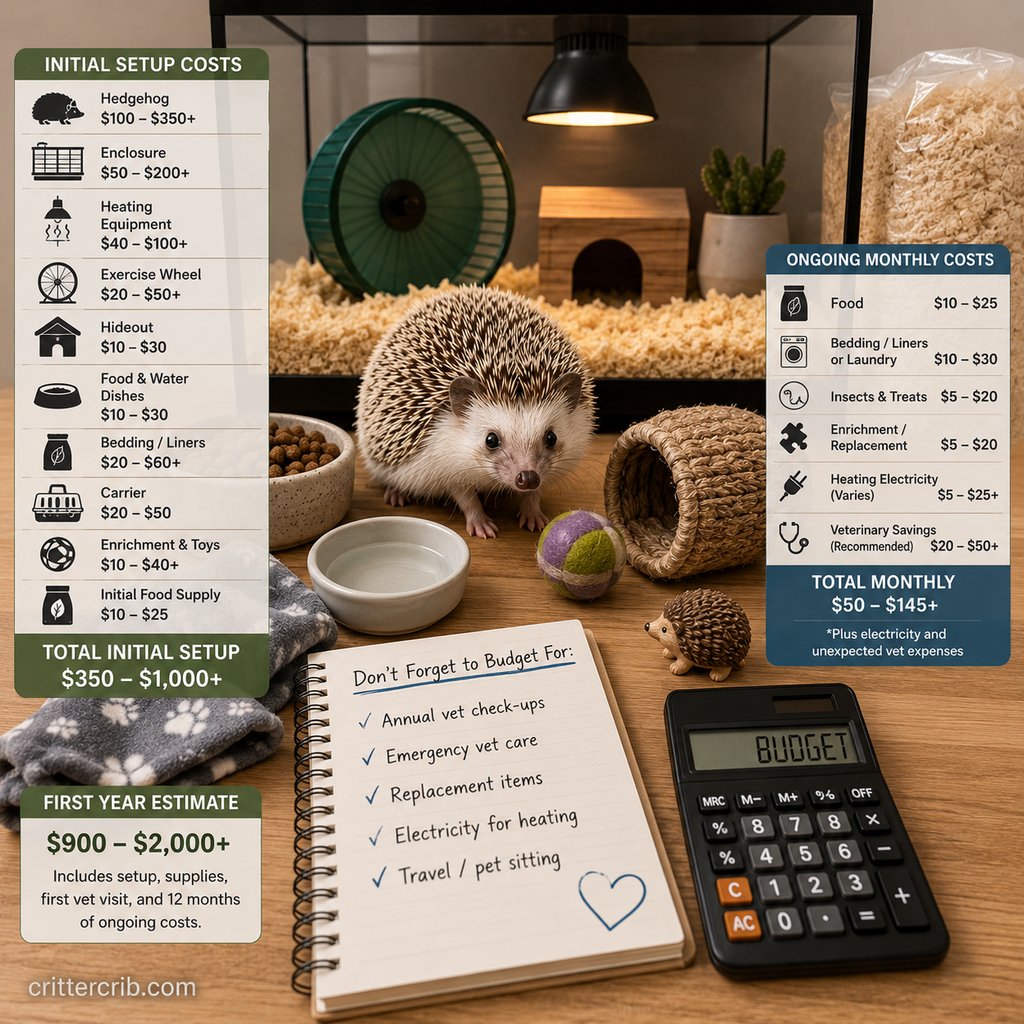 Hedgehog cost breakdown showing initial setup and ongoing monthly expenses