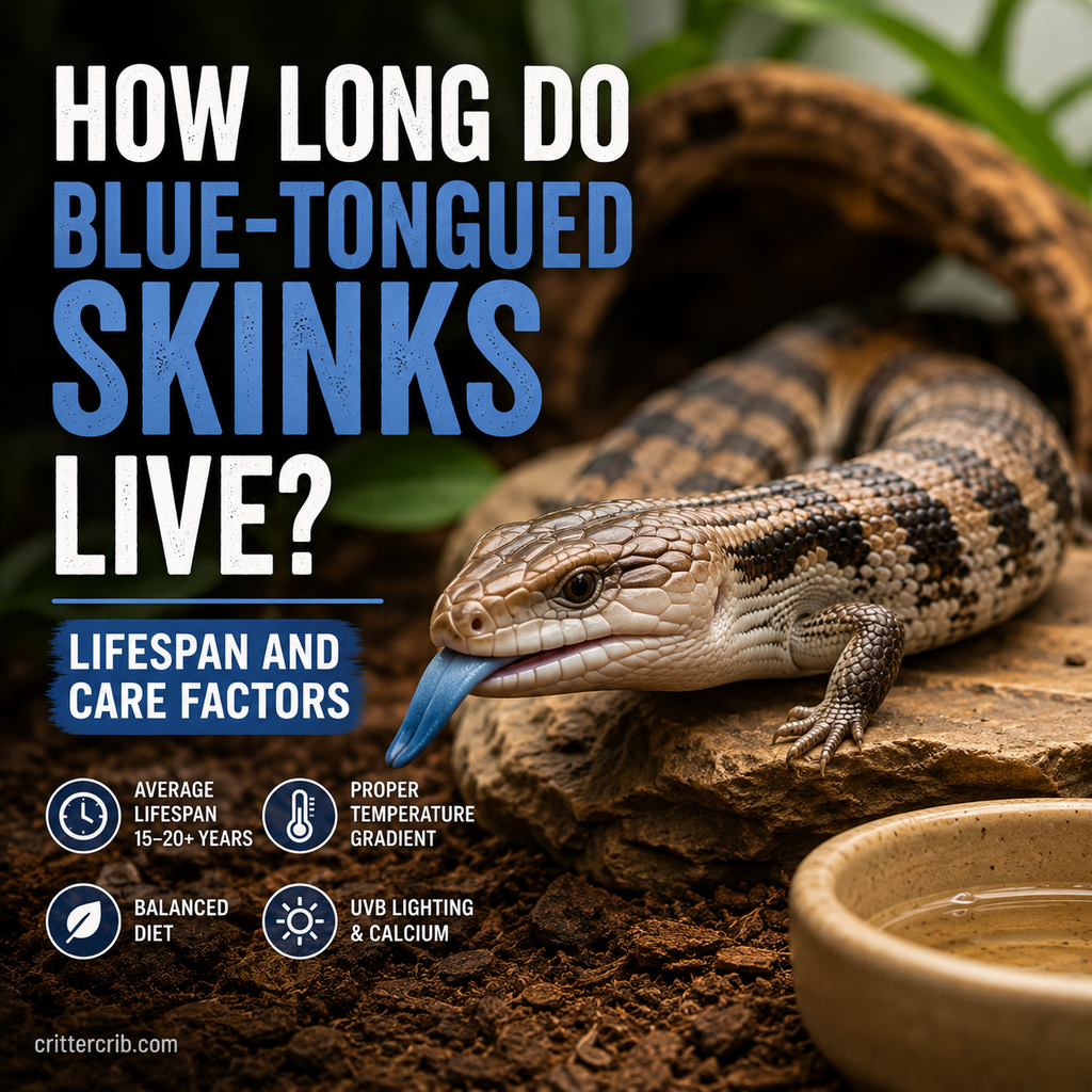 Blue-tongued skink in a naturalistic enclosure illustrating lifespan and important care factors