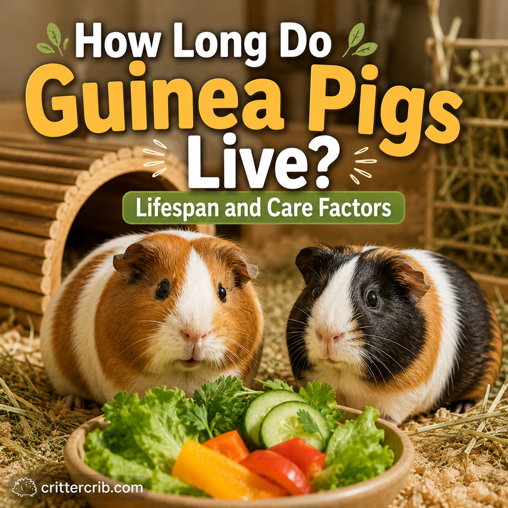 Two healthy guinea pigs with hay and fresh vegetables in a comfortable habitat