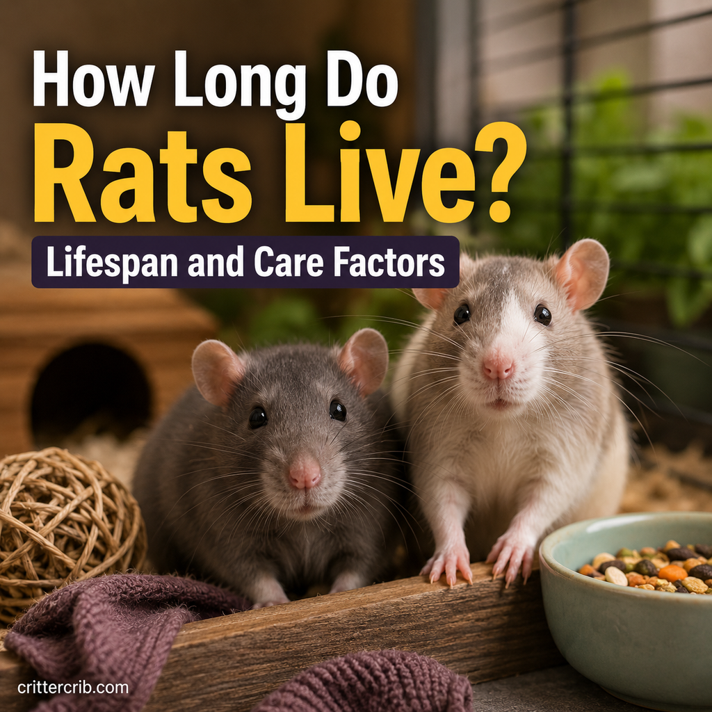 Two pet rats in an enriched habitat with food, bedding, and toys