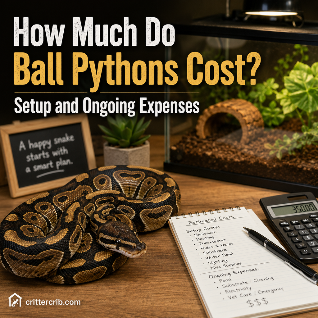 Ball python beside an enclosure and cost checklist illustrating setup and ongoing ownership expenses