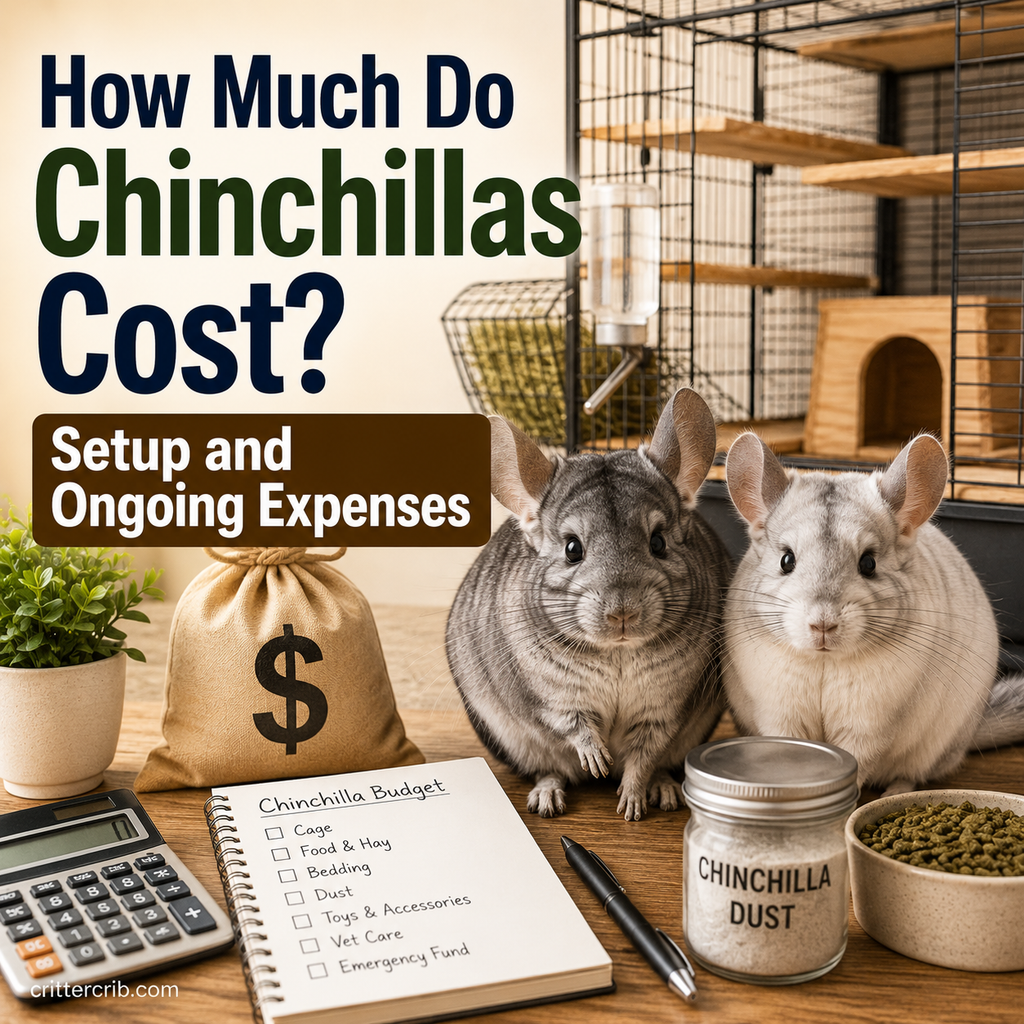 Two chinchillas with cage, food, dust bath supplies, and a budget checklist